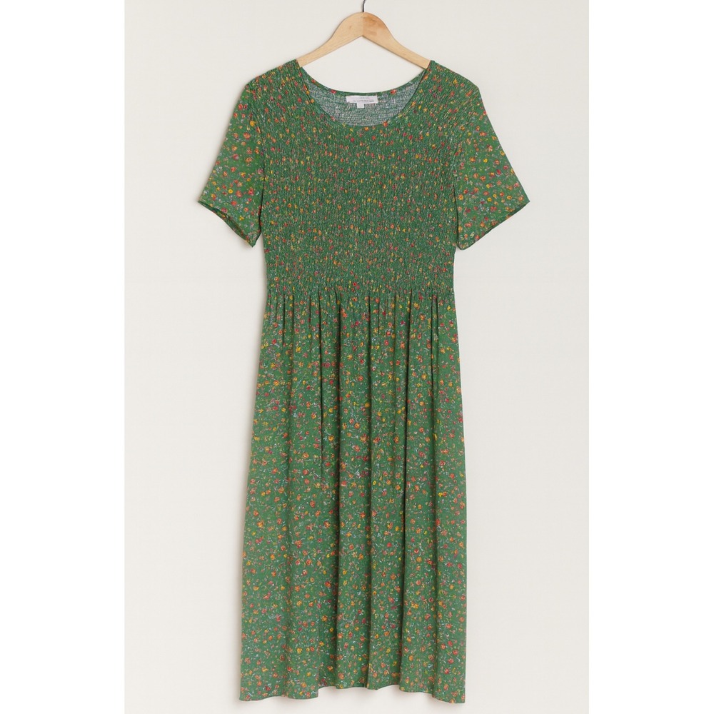 Vintage Serengeti sz M Womens Green Floral 100% Rayon Midi Dress 90s Cottagecore
